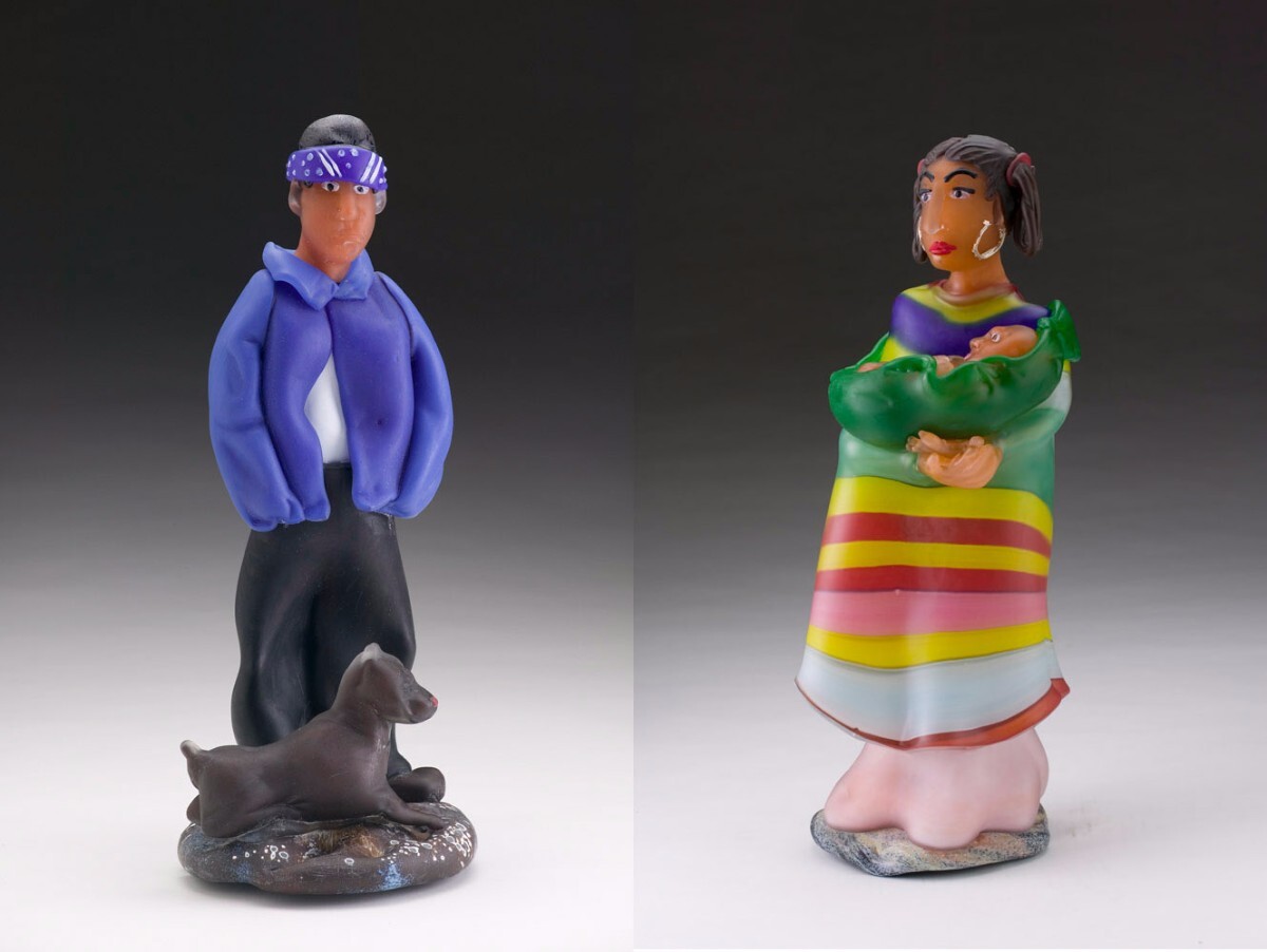 "Chuy & His Pit" (7″W x 18″H x 7″D) and "Maya" (7″W x 19″H x 6.5″D) by Jaime Guerrero | Courtesy of the artist PST LA LA