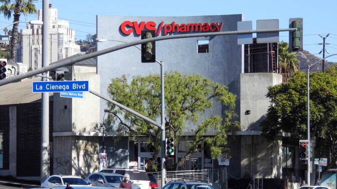 Exterior of CVS Pharmacy in West Hollywood, formerly La Cienega Lanes and Flipper's Roller Rink.