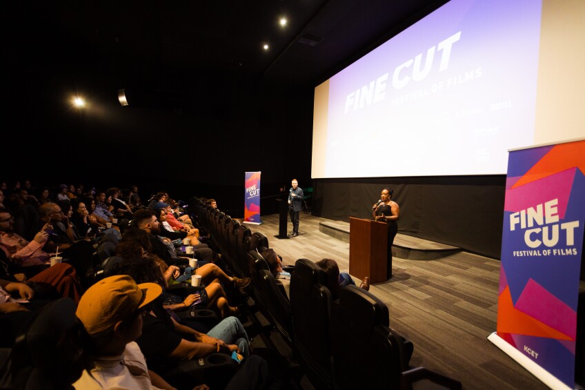 Guests enjoy the student short film screenings at The Landmark Theatre on Sept. 13, 2023. Photo courtesy of KCET