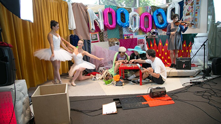"Noooooooooooooooooooooooooooooooo TV," in Collaboration with Guan Rong, with Chelsea Zeffiro, Rebecca Correia, and Pauline Lay, Performance view, Hammer Museum, Los Angeles, June 21, 2014. |From KCHUNG TV