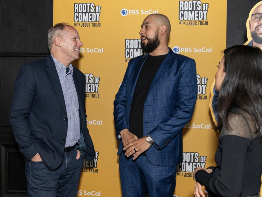 PBS SoCal President/Chief Executive Officer Andrew Russell laughs with host Jesus Trejo and comedian Sierra Katow at the launch event for ROOTS OF COMEDY WITH JESUS TREJO at The Cosmopolitan in Las Vegas on Monday, May 13, 2024. Photo courtesy of PBS SoCal.