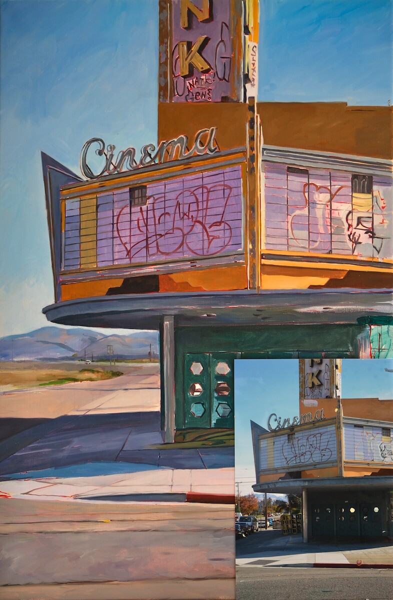 Chidlaw's Painting and her original photographic study show the alterations she made in the landscape and the lighting and structure of the theater entrance. | Photo: Osceola Refetoff