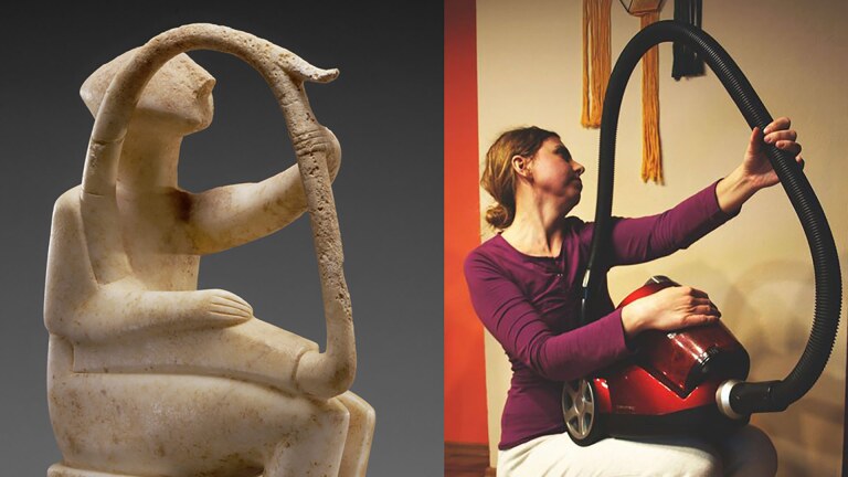 Male Harp Player of the Early Spedos Type, 2700–2300 B.C., Cycladic. Marble, 14 ⅛ x 11 1/16 in| The J. Paul Getty Museum, 85.AA.103 and a recreation via Facebook | Irena Ochódzka with canister vacuum