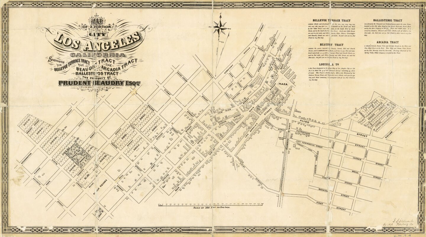 Bellevue Terrace appears prominently within the larger, trapezoidal Bellevue Terrace Tract in this 1868 map of Beaudry's real estate holdings. Courtesy of the Map Collection - Los Angeles Public Library.