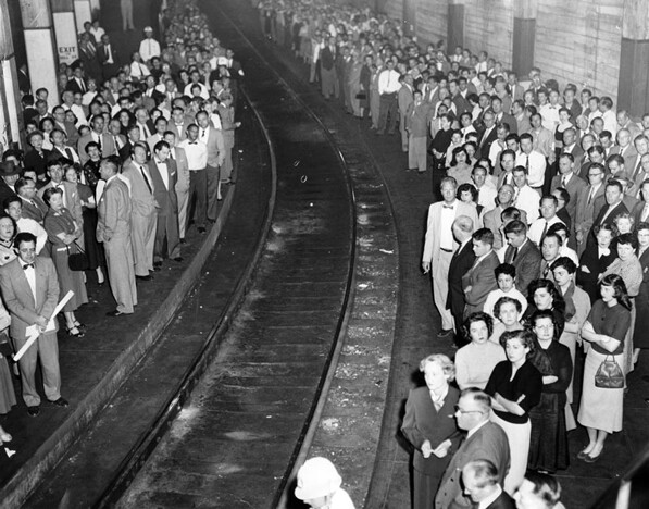 Angelenos practice an air raid drill in the former Pacific Electric subway in 1958. Courtesy of the Los Angeles Public Library Photograph Collection.