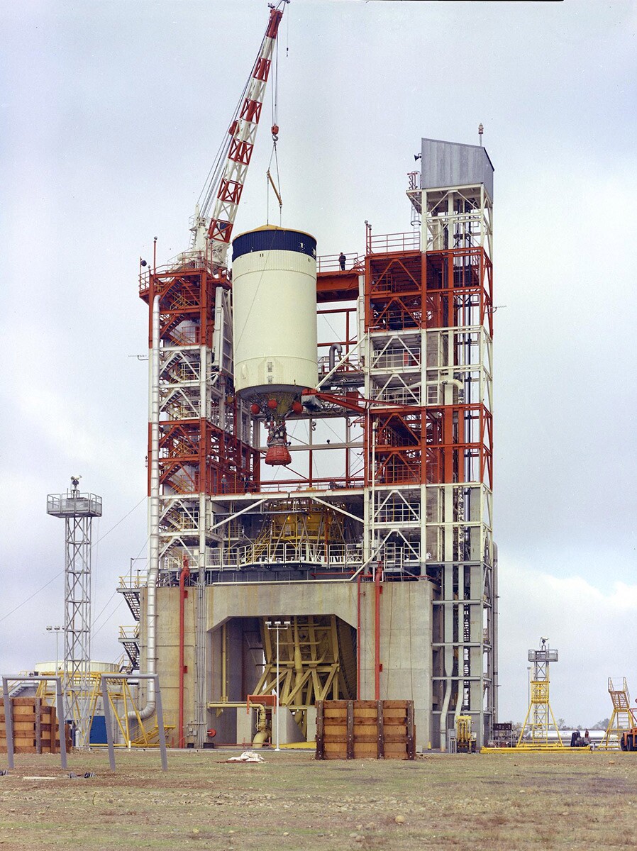 The Saturn V S-IVB (third) stage for the Apollo 10 mission being removed from the Beta Test Stand 1 after its acceptance test at the Douglas Aircraft Company's Sacramento Test Operations facility. | Courtesy of NASA