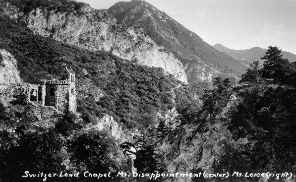 A 1926 view of the Switzer-land Chapel in the San Gabriel Mountains, above the canyon of the Arroyo Seco. Courtesy of the USC Libraries Special Collections, California Historical Society Collection