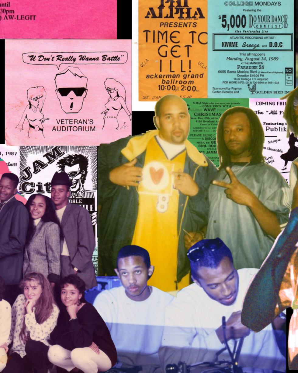 A collage of 1980s and '90s photos with flyers in the background. 