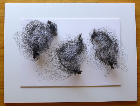 Keiko Kasai, "Shadow Tremor" 2014, 40" x 30" Black Fabric, Sumi Ink on Paper