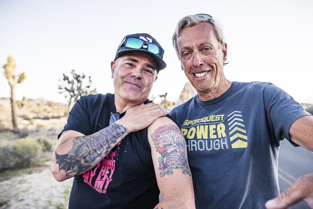 Climber Kurt Smith shows off his John Bachar tattoo with Dave Yerian (right), who with Bachar did the first ascent of the Bachar-Yerian | © John Mireles 2016