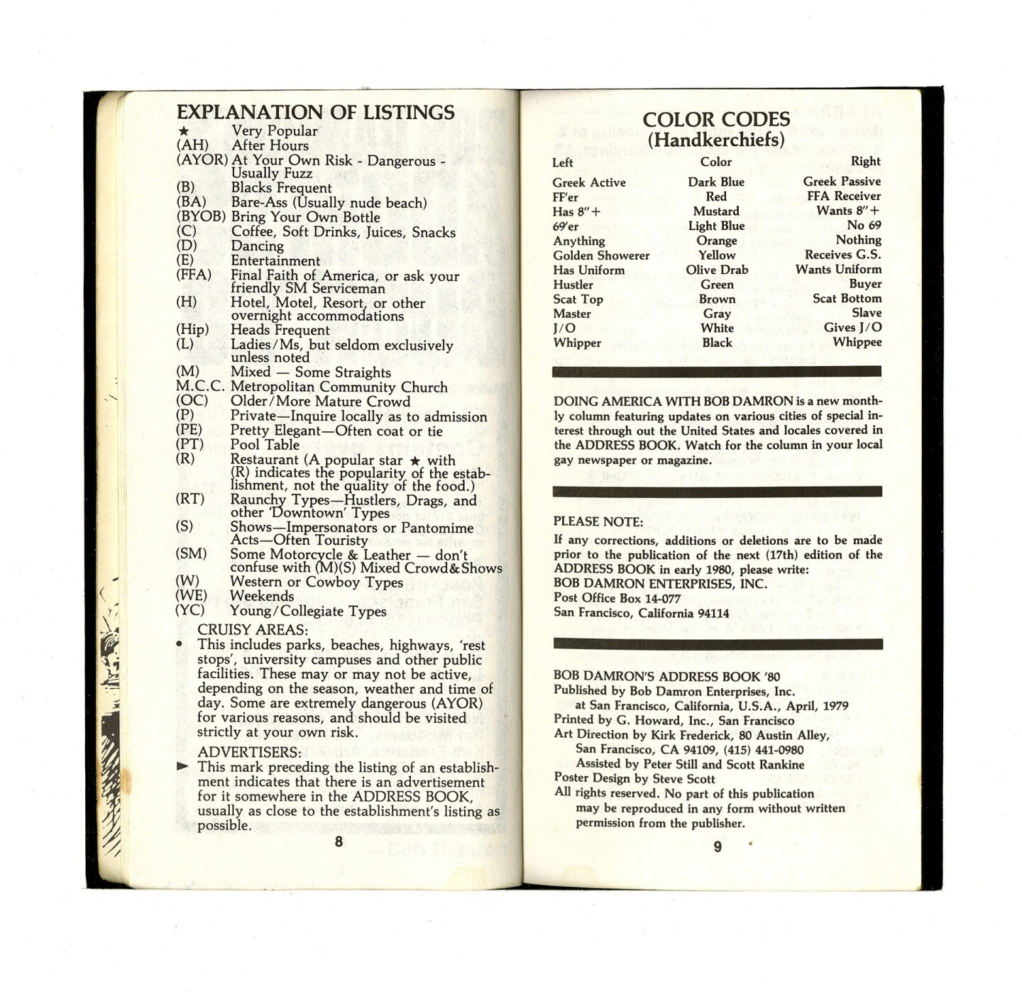 Codes from the 1980 Los Angeles edition of the Damron Guide