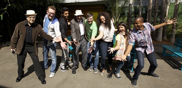 'Stand Up Planet' cast, left to right: Norman Lear, James Adomian, Hassan Minhaj, Carl Reiner, Nate Bargatze, Michelle Buteau, Aditi Mittal and Mpho Popps