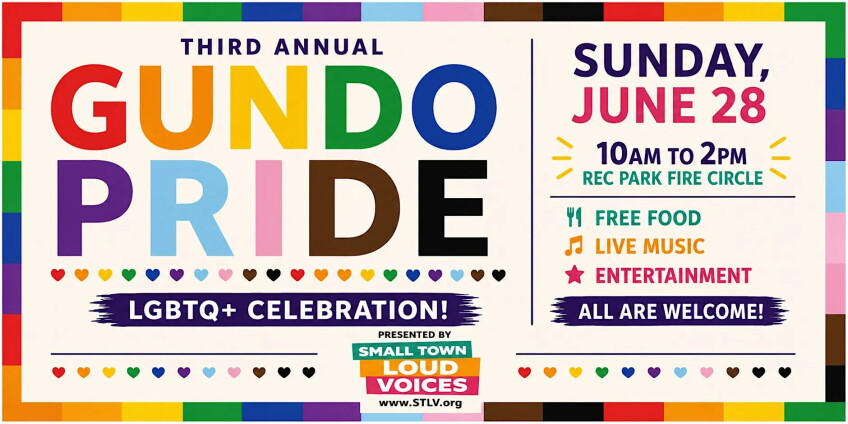 Gundo Pride 2026, infographic with colorful letters and a rainbow border around the graphic 
