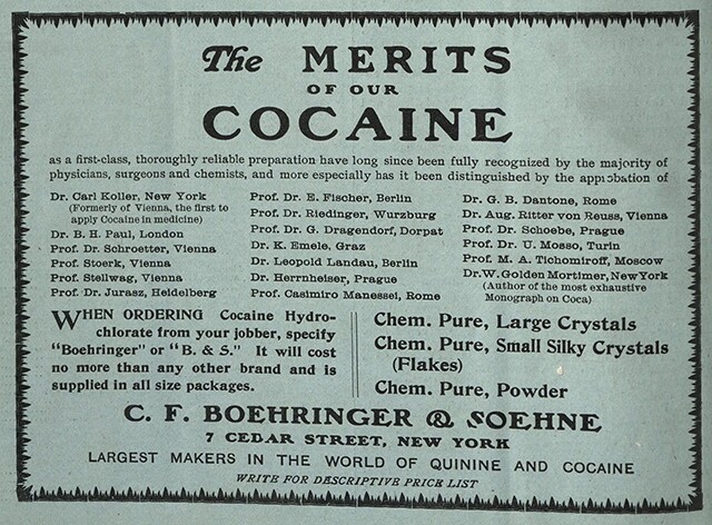"The Merits of Our Cocaine," an advertisement published in Practical Druggist 8, 1907 | NY Academy of Medicine