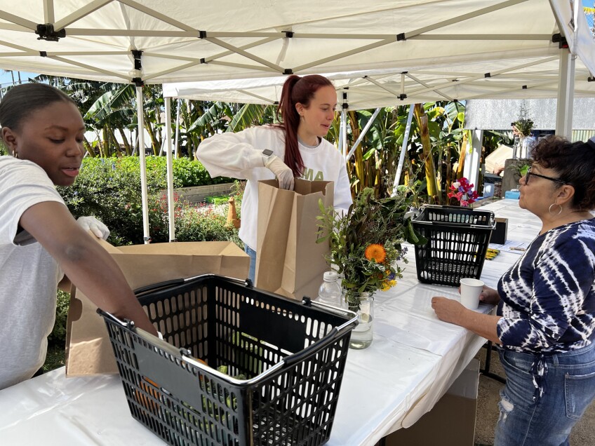  alma backyard farms photos, march 2022 -  Clara Youngblood (32) and Olli Personeni (20) working the farmstand register at ALMA Backyard Farms