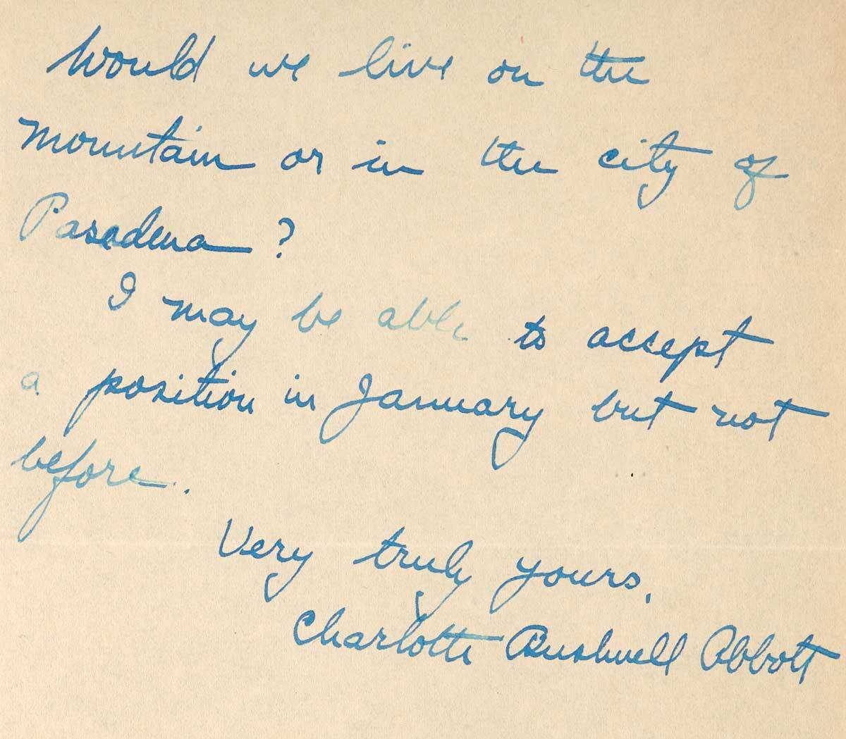 Letter to F.H. Seares of Mt. Wilson observatory from Charlotte Abbott p2 | Image courtesy of the Observatories of the Carnegie Institution for Science Collection at the Huntington Library, San Marino, California