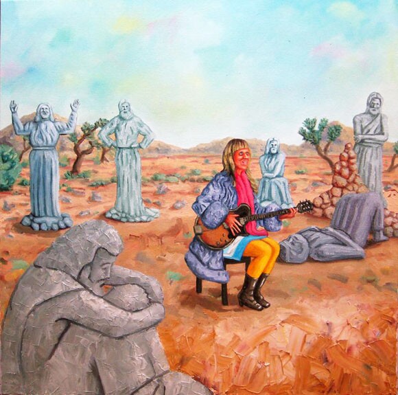 <em>A Friendly World</em>. Oil on canvas, 2011. Pictured is Art Queen proprietor, Shari Elf.