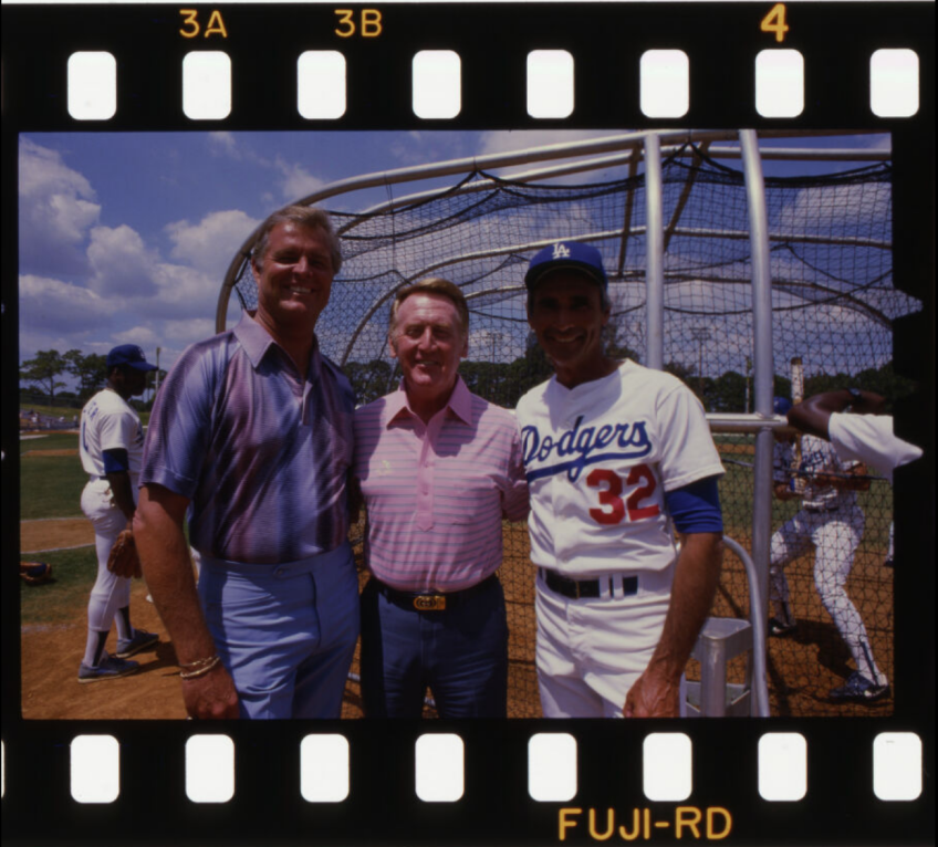 Vin Scully in Dodgertown for Spring Training with pitchers Don Drysdale and Sandy Koufax, 1985.