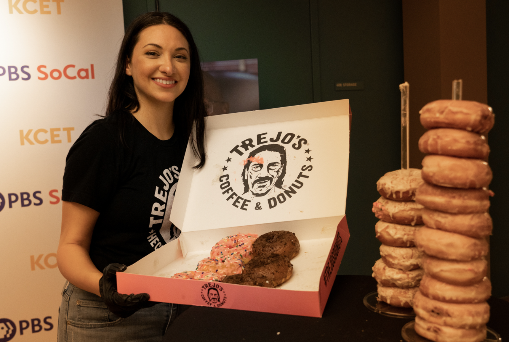 Donna Aghaz serves up Trejos Donuts at LA Plaza de Cultura Y Artes on March 14, 2023. Photo courtesy of PBS SoCal and KCET.