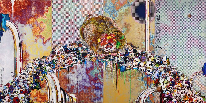 "Of Chinese Lions, Peonies, Skulls, And Fountains," 2011, acrylic on canvas stretched on wooden panel, 118 x 236 1/4 inches overall; Courtesy of The Broad Art Foundation. Image ©Murakami