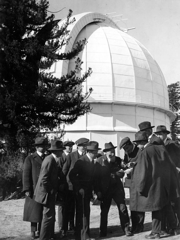 Astronomers gather outside the Mount Wilson Observatory, circa 1920. Courtesy of the Los Angeles Area Chamber of Commerce Collection, USC Libraries.