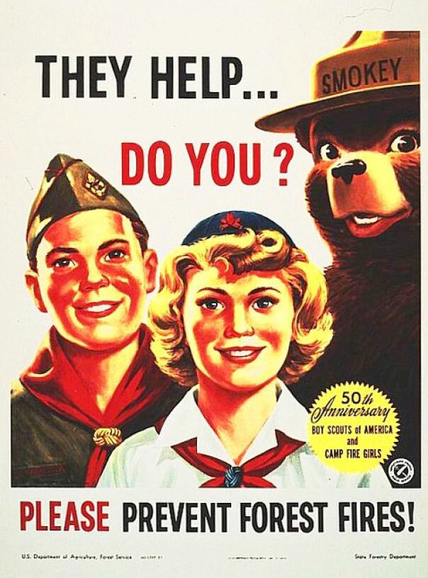 Poster of Smokey Bear with two youth scouts and text that reads "They help ... do you?"