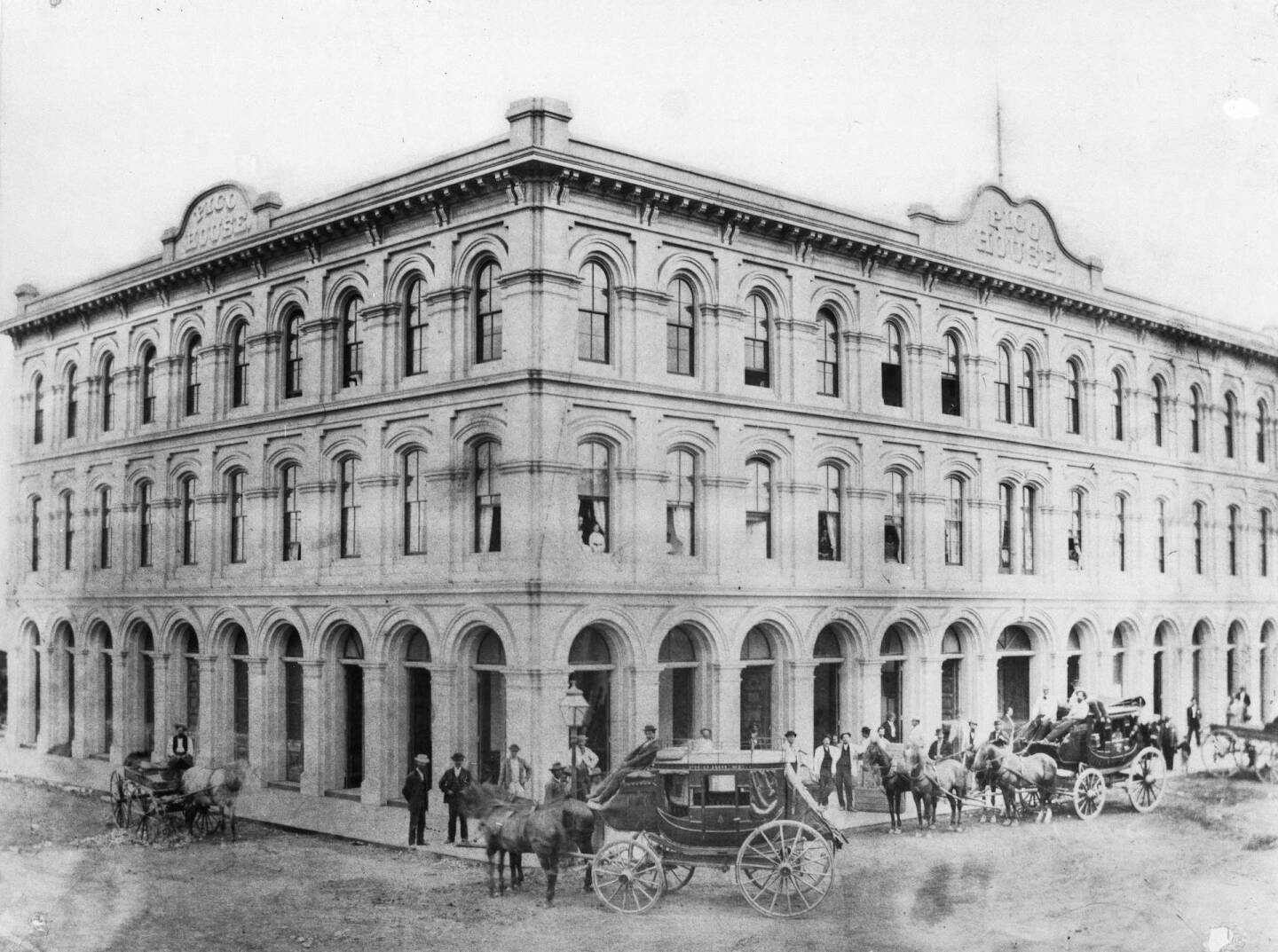 Exterior view of the Pico House at the Los Angeles Plaza, ca.1870-1875