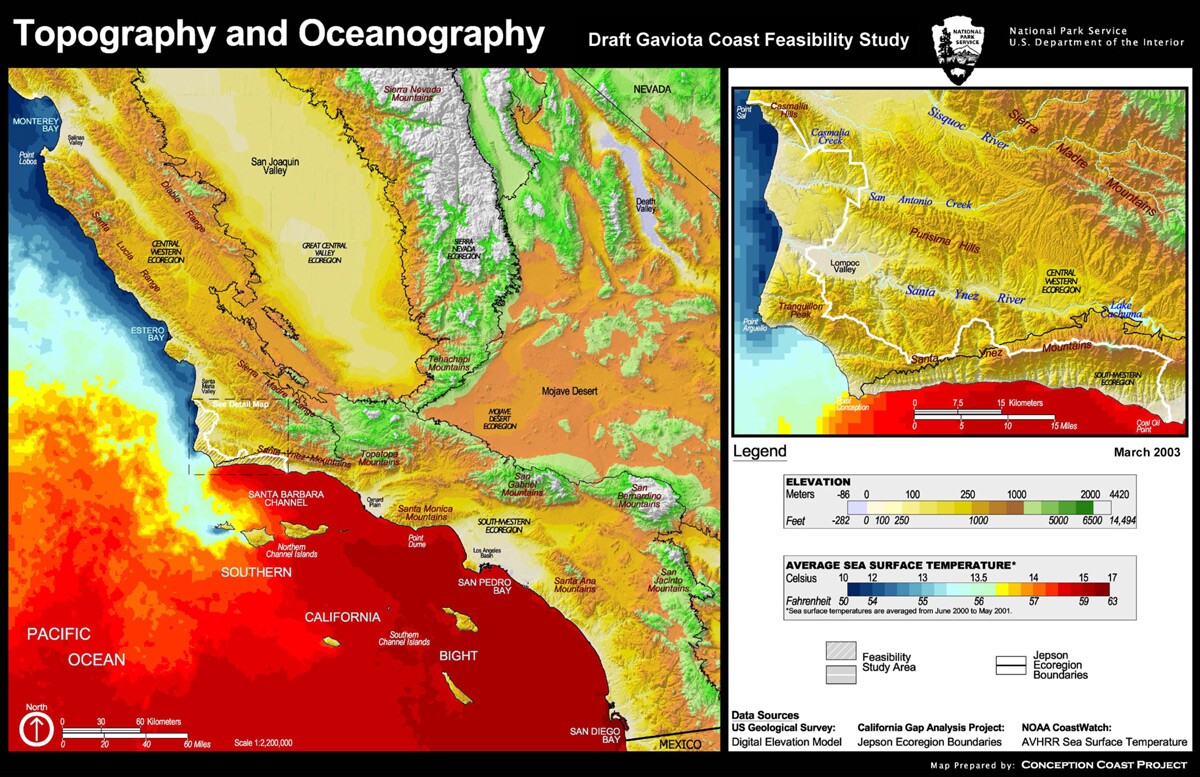 Map showing the topography and oceanography of Gaviota Coast. | Extracted from from the National Park Service’s Gaviota Coast Feasibility Study, produced by the Pacific Great Basin Support Office of the National Park Service.