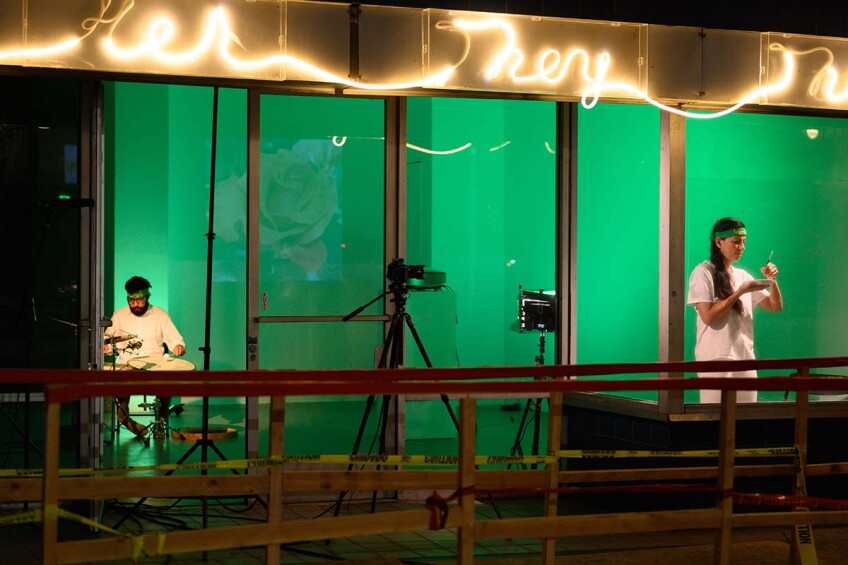 An Offering of Honor by Amitis Motevalli in collaboration with musician Hesam Abedani and vocalist Bahareh Daneshagar, August 28, 2020. Neon artwork installed on exterior of LACE: Preferred Pronouns by Young Joon Kwak Courtesy of LACE. | Pete Galindo