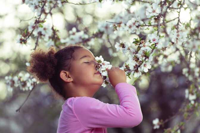Girl Enjoying aroma of flowers on a tree.