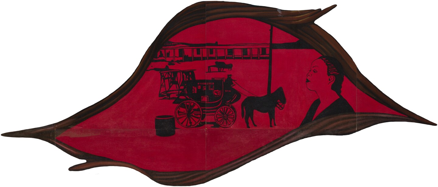 An illustration of a rudimentary town drawn with a red haze