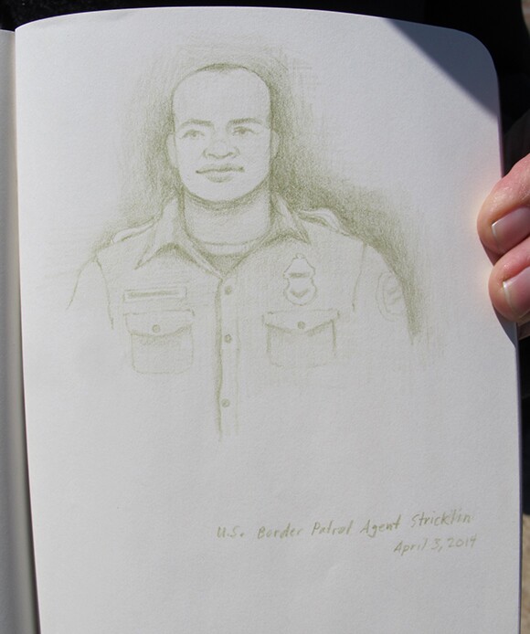 Portrait of U.S. Border Patrol agent Kris Stricklin. | Drawing: Amy Adler.