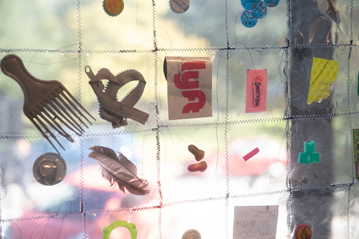 Detail of "Austin," by Sula Bermúdez-Silverman, 2018. x Mixed media, 72 48 in. Part of "Sula Bermúdez-Silverman: Neither Fish, Flesh, nor Fowl" at CAAM. | Courtesy the artist