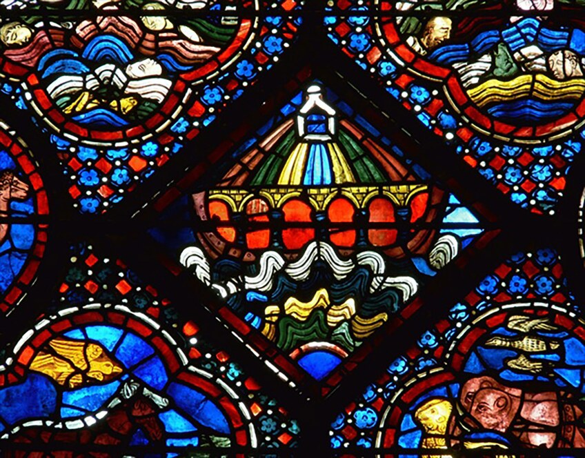 A stained glass window from the 13th century featuring Noah's ark