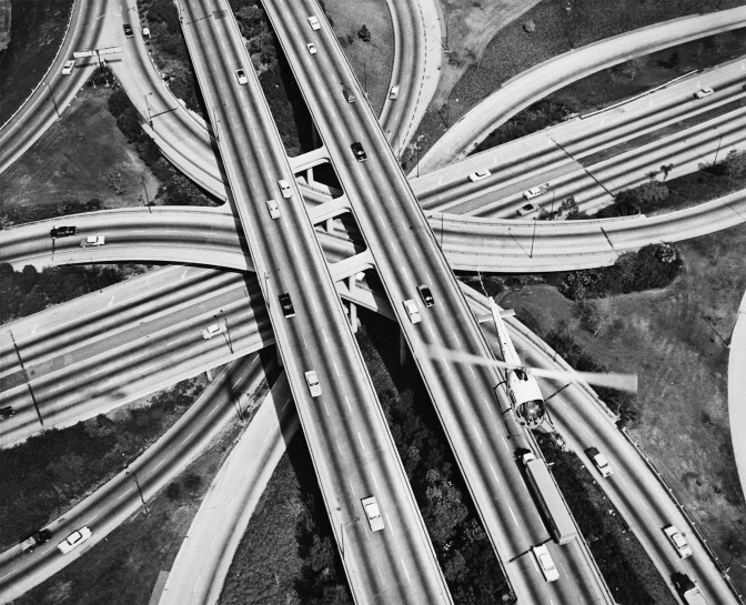 Aerial view of the Four Level Interchange, 1959