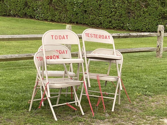 “When," powder coated metal folding chairs, enamel paint, 2020 by Toni Ross and Sara Salaway | Courtesy of the artist