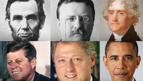 From Top Left: Abraham Lincoln, Theodore Roosevelt, Thomas Jefferson, John F. Kennedy, Bill Clinton, and Barack Obama. | Photos: Courtesy The White House