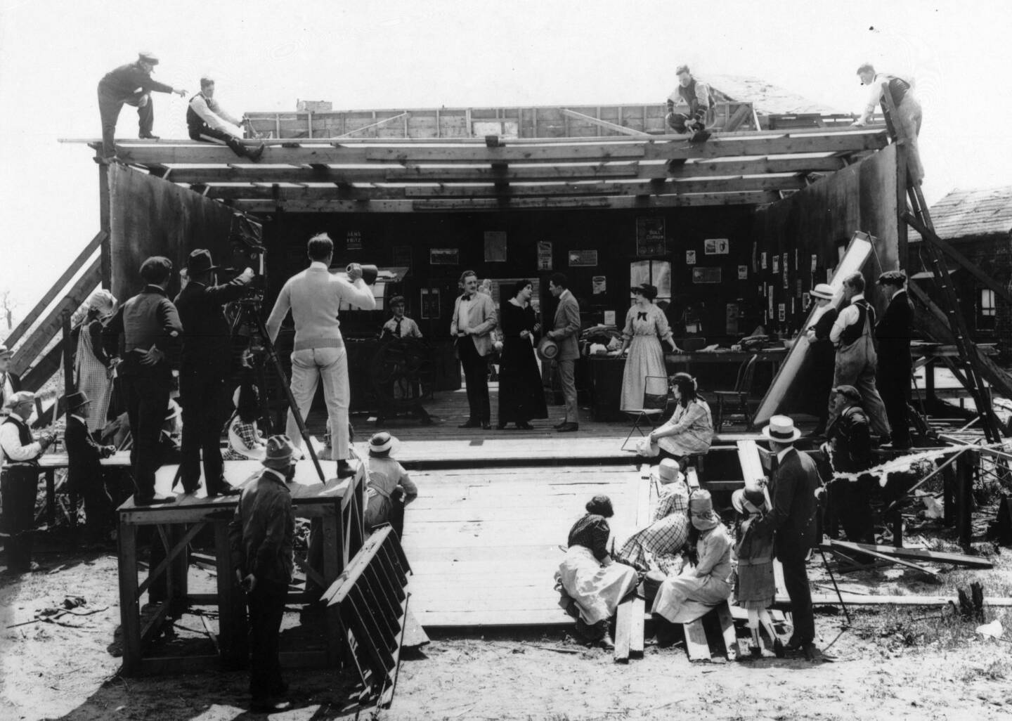 View of an outdoor film set at Vitagraph Studios, showing a film shoot in progress, 1917