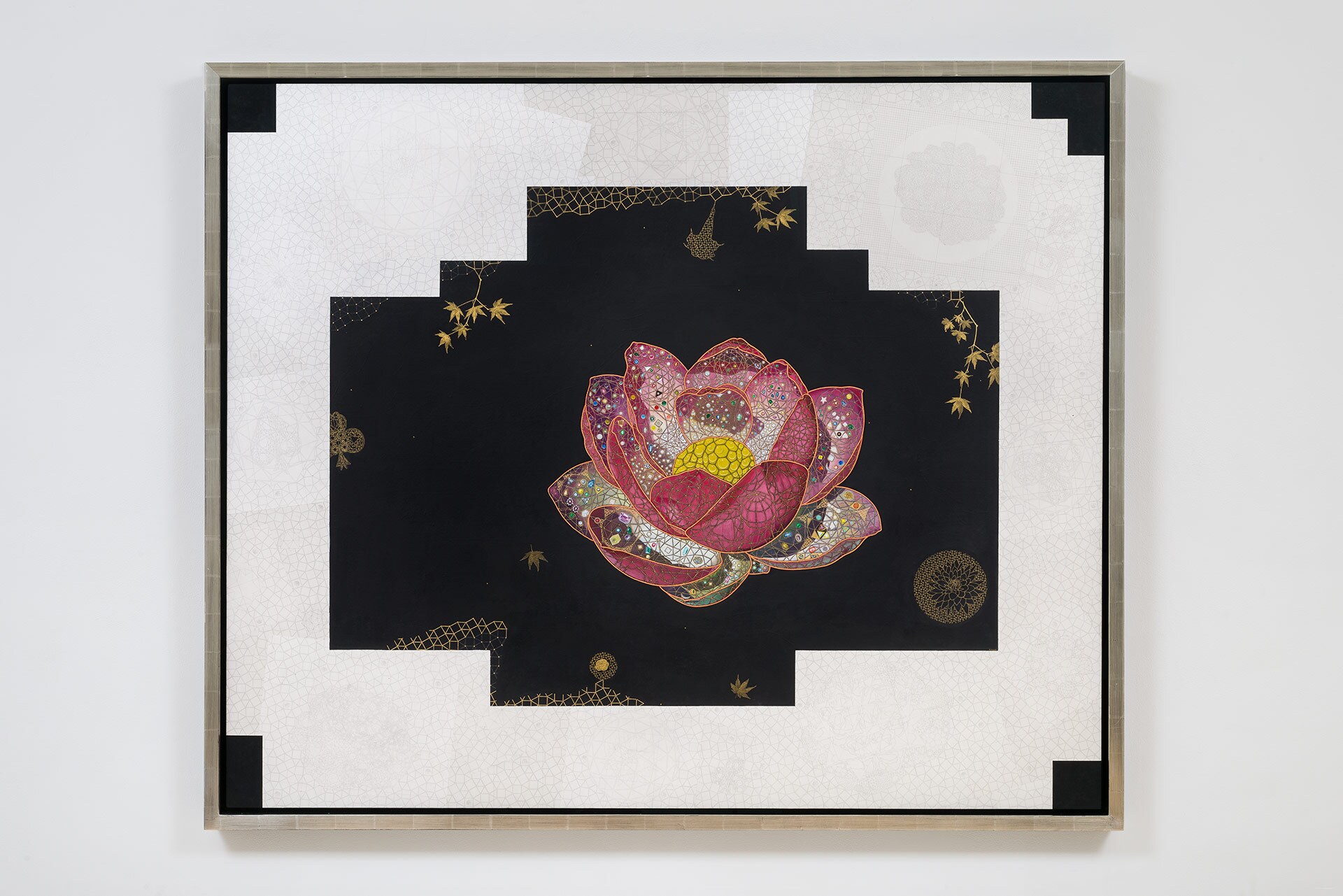 Tom Wudl “Radiance of Sublime Reality Filling the Cosmos without End,” 2015. Acrylic, 22 karat gold, gum arabic, pencil and gouache on rice paper over wood panel | © Tom Wudl, Courtesy of L.A. Louver, Venice, California
