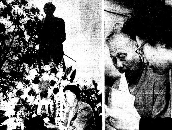 Candido D. Calderon stops to read card enclosed with flowers placed in front of the statue of Beethoven on Pershing Square. Eighty-eight year old Cheong Wong kept secret of why he had four wreaths sent to Pershing Square | L.A. Times, April 28, 1960