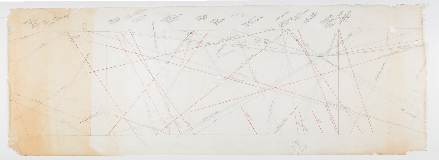 Intersecting diagonal lines in pencil and colored pencil set the perspective for Judy Baca's "The Great Wall of Los Angeles 1950: Forebearers of Civil Rights."