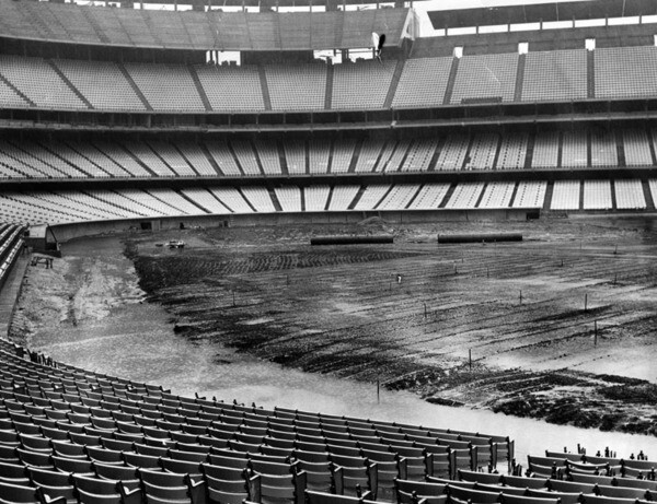 Spring storms delayed the completion of work on Dodger Stadium's field, seen here on February 23, 1962. Courtesy of the Photo Collection, Los Angeles Public Library.