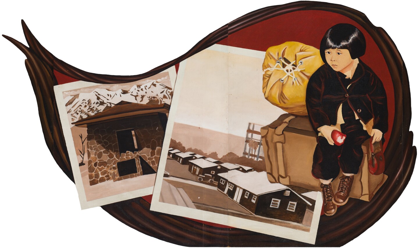 A section of the mural depicting a Japanese-American youth with packed bags sitting alongside Polaroid pictures of internment camps.