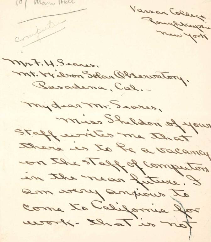 Letter to F.H. Seares of Mt. Wilson observatory from Ruth Barnett p1 | Image courtesy of the Observatories of the Carnegie Institution for Science Collection at the Huntington Library, San Marino, California
