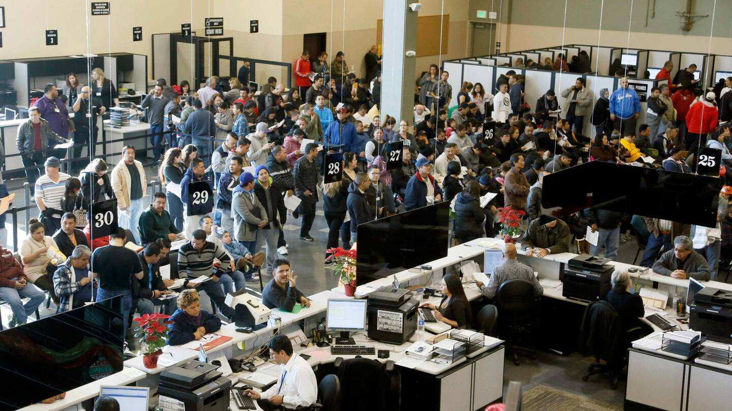 Undocumented immigrants flooded a Stanton DMV office lined up at the DMV to obtain driver's licenses when they first became available in 2014 | photo by Nick Ut, AP