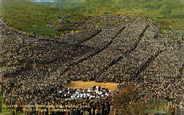 This postcard depicts an early Easter sunrise service in the Hollywood Bowl, possibly the first one in 1921. Courtesy of the Werner von Boltenstern Postcard Collection, Department of Archives and Special Collections, Loyola Marymount University.