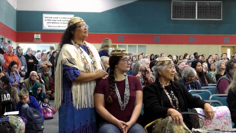 Cheryl Seidner and other members of the Wiyot tribe at a hearing for Terra-Gen's wind farm proposal. | Still from "Tending Nature" episode "Guarding Ancestral Grounds with the Wiyot"