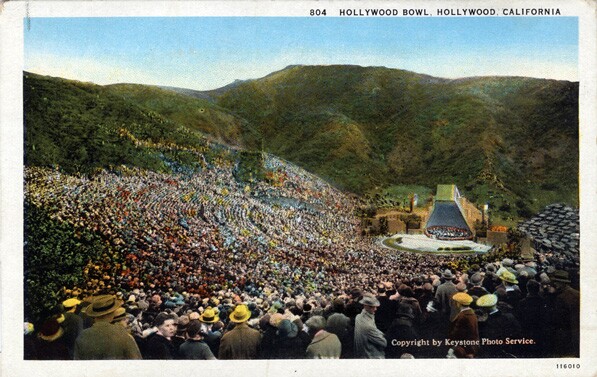 In 1927, the Hollywood Bowl debuted a pyramidal band shell designed by Lloyd Wright. Courtesy of the Werner von Boltenstern Postcard Collection, Department of Archives and Special Collections, Loyola Marymount University.
