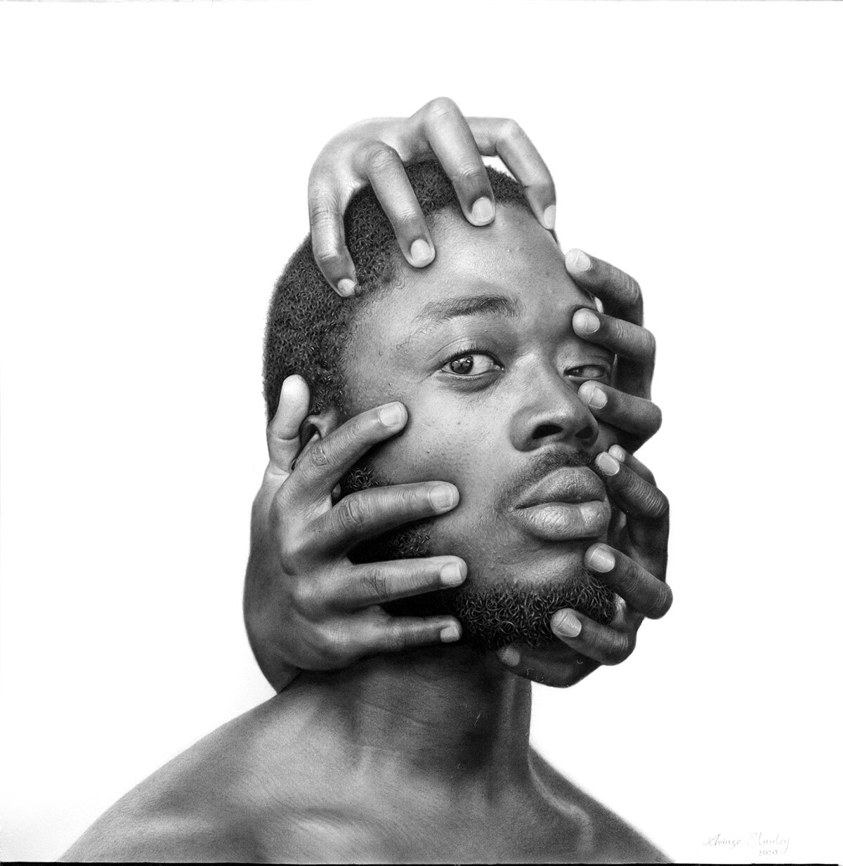 “Mindless #3” by Arinze Stanley. Charcoal and graphite on paper, 28’’ x 27.5.’’ | Courtesy of Corey Helford Gallery