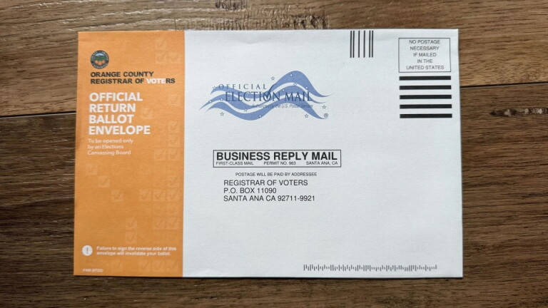 The front of an Orange County mail-in ballot return envelope.
